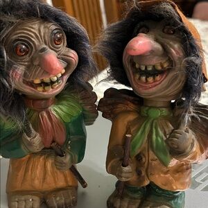 Whimsical Troll Figurine Pair - Brown and Green